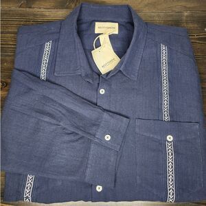 Beotyshow Mens Cotton/Linen Cuban‎ Button Up Shirt 3XL Navy Blue Embroidered NWT